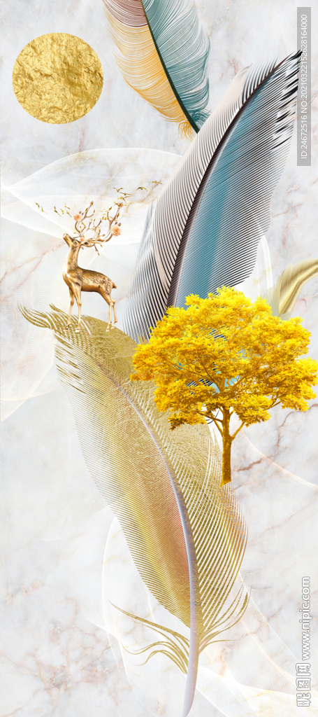 现代轻奢麋鹿金色羽毛玄关画