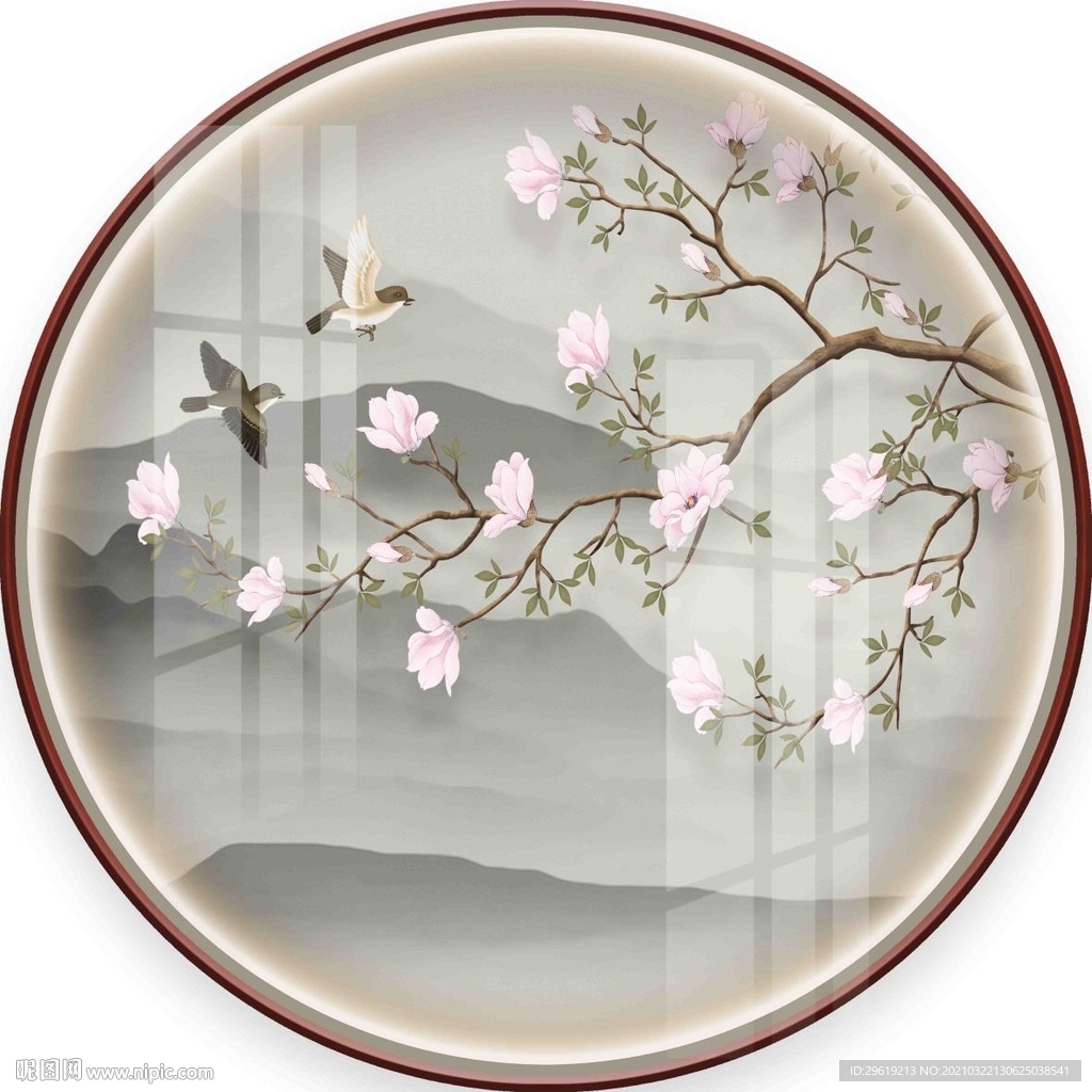 新中式工笔花鸟圆形装饰画图片