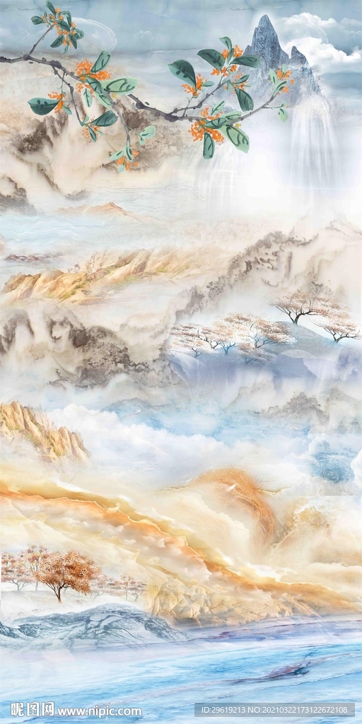 新中式山水大理石复式楼玄关壁画