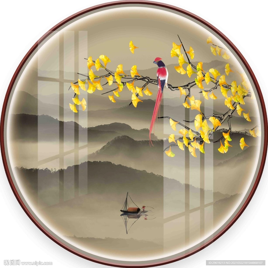 中式手绘银杏花鸟圆形装饰画图片