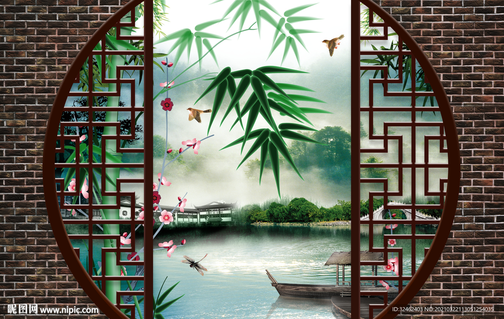 新中式书房山水画背景墙