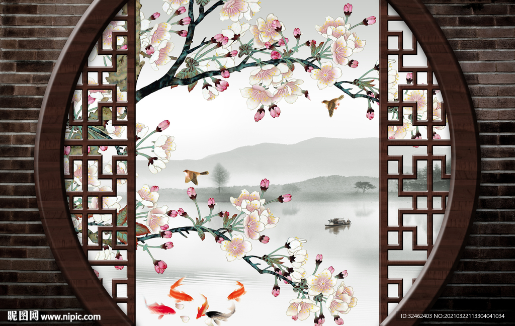 新中式格栅门玉兰花背景墙