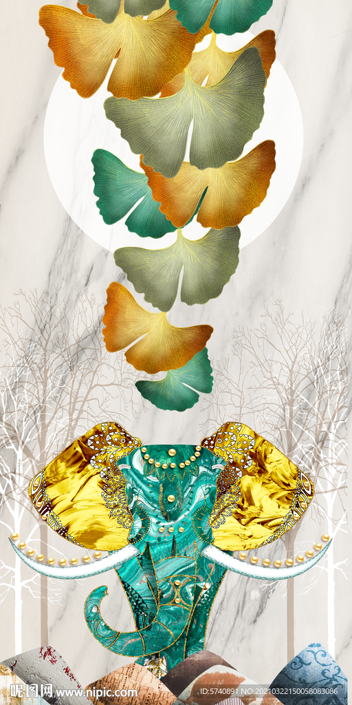 大象银杏叶玄关装饰画