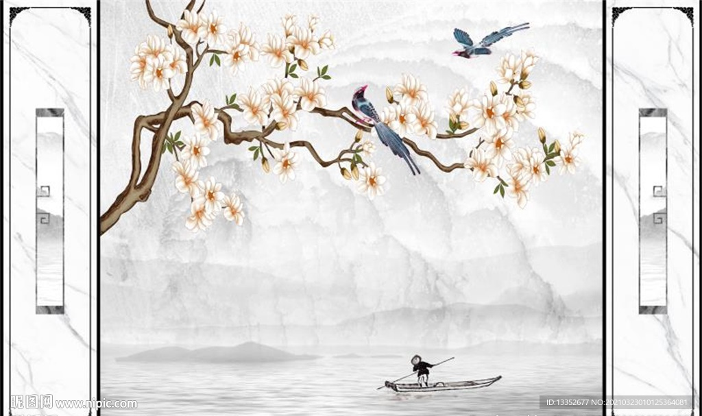 玉兰花鸟石纹护墙板