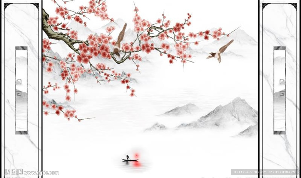 桃花花鸟水墨山水护墙板