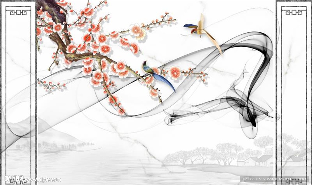 抽象线条桃花花鸟石纹护墙板