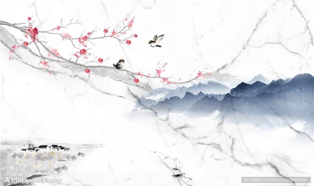 梅花鸟山水石纹