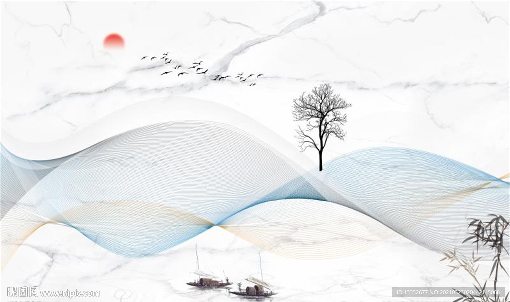 抽象线条石纹飞鸟