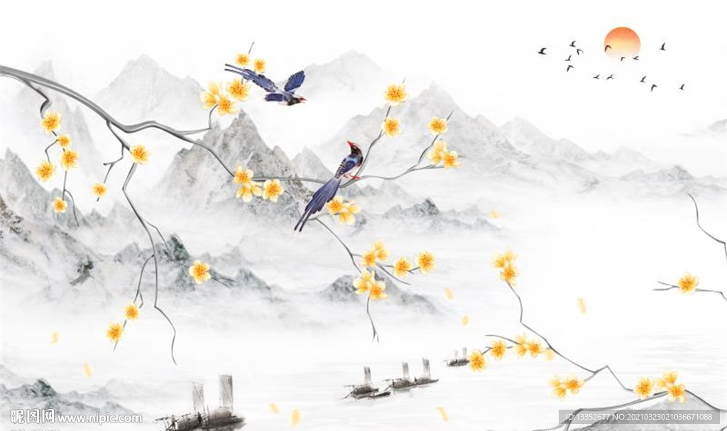 黄色鸡蛋花鸟水墨山水