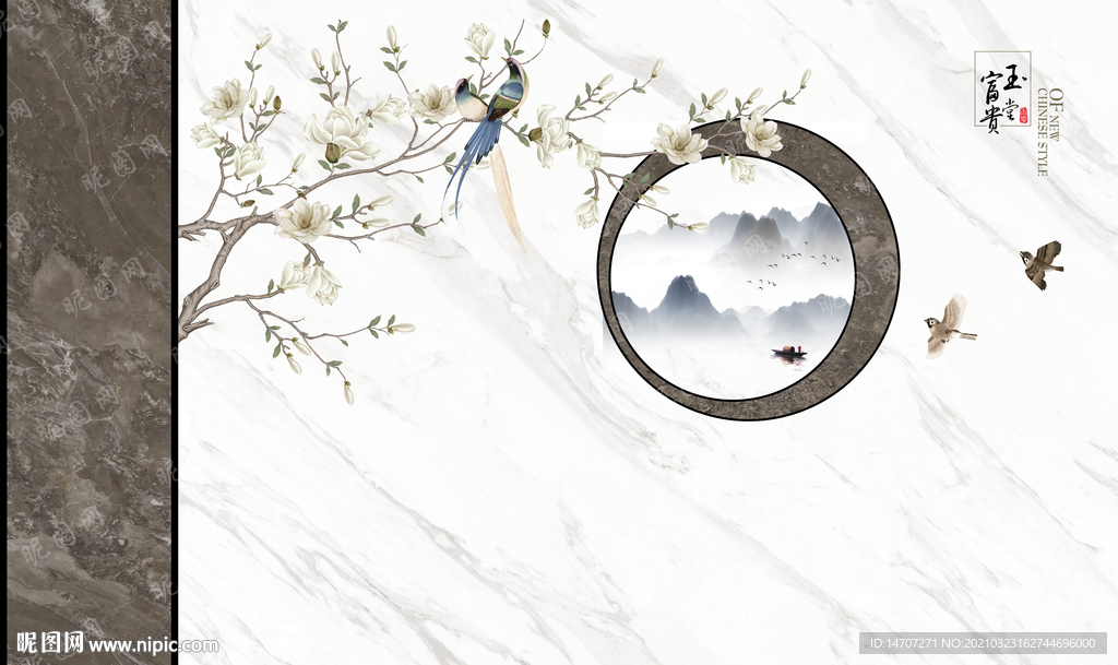 新中式花鸟山水画背景墙