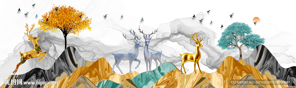 麋鹿立体山水画