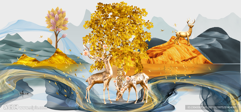 发财树麋鹿山水画