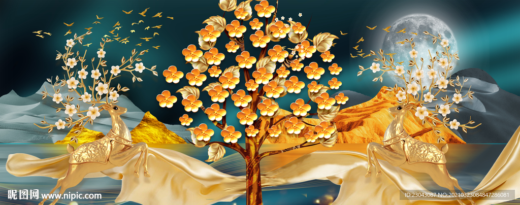 发财树麋鹿三联画