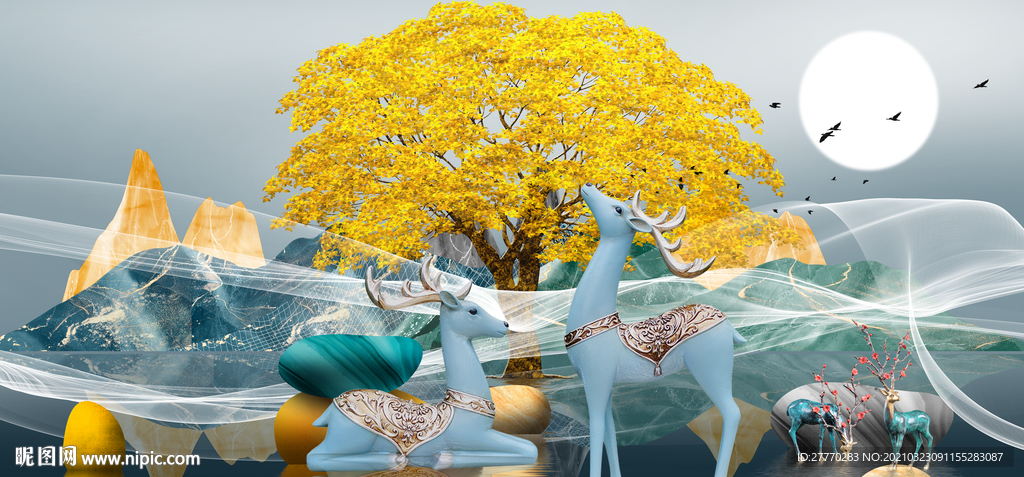 石来运转麋鹿山水画