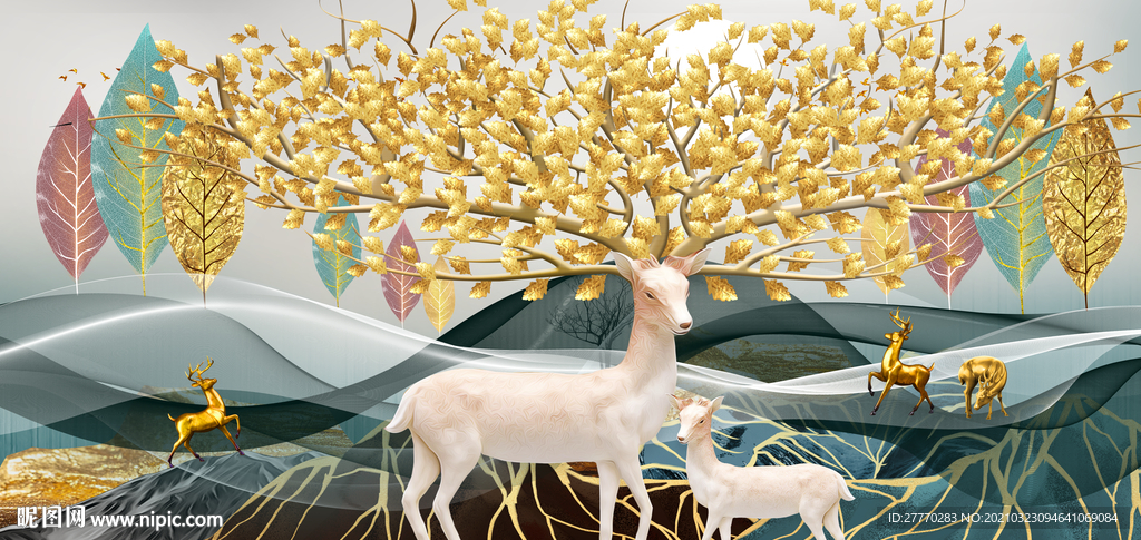 麋鹿山水装饰画