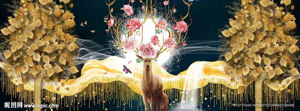 发财树麋鹿三联画