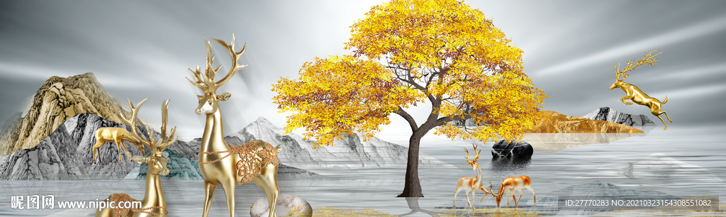 浮雕发财树麋鹿装饰画