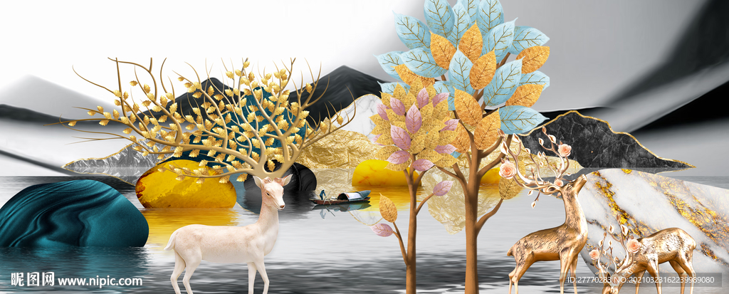 麋鹿发财树立体画