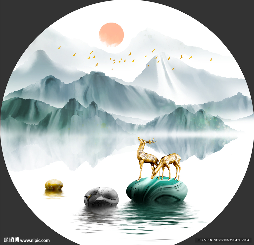 轻奢圆形山水麋鹿玄关