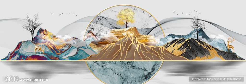 金色麋鹿山水装饰画