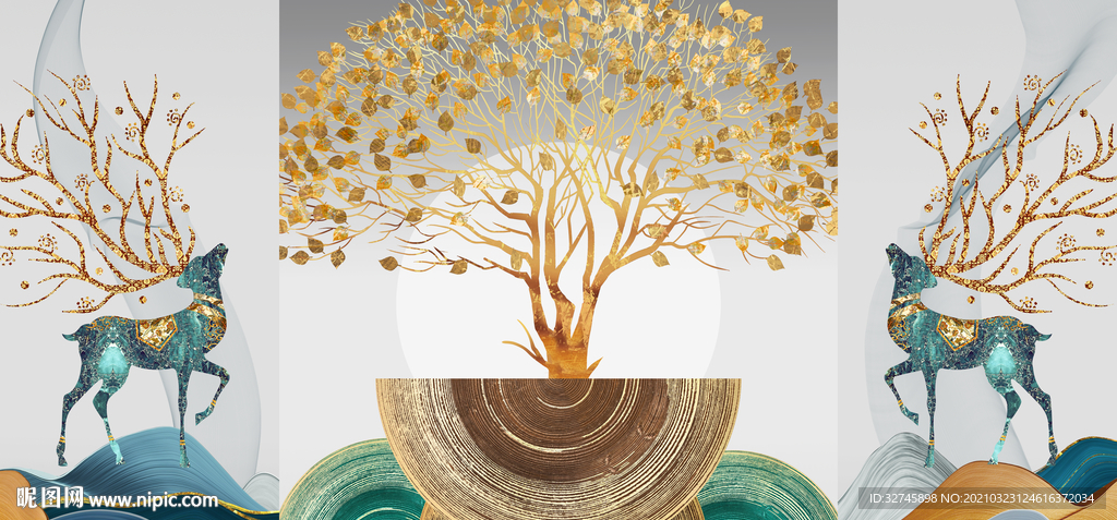 发财树晶瓷画三联画