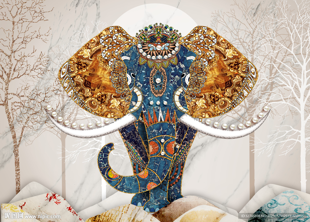 珐琅彩大象装饰画