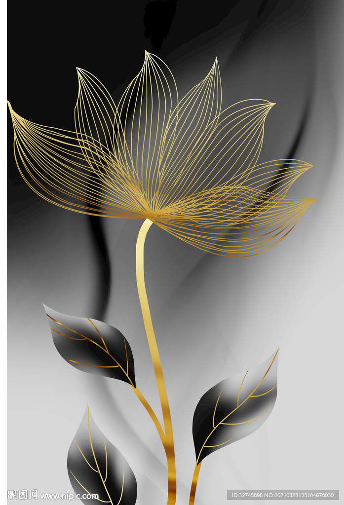 金色线条荷花装饰画