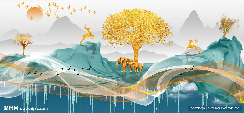 发财树麋鹿三联画