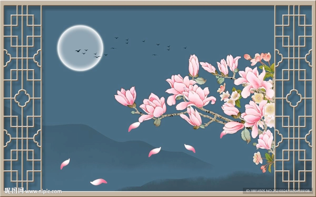 月亮花儿鸟语花香新中式背景墙