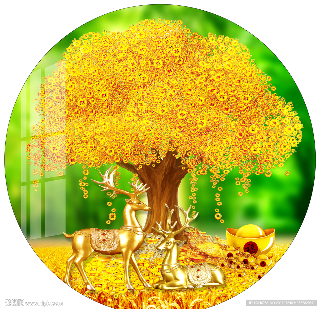 麋鹿发财树金色圆形装饰画