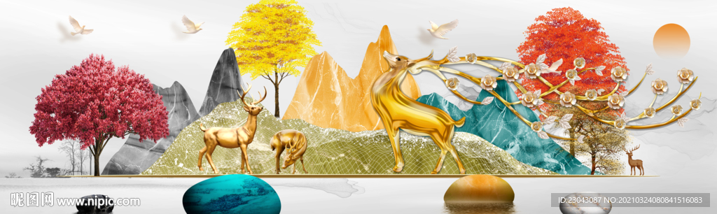 麋鹿中式山水装饰画