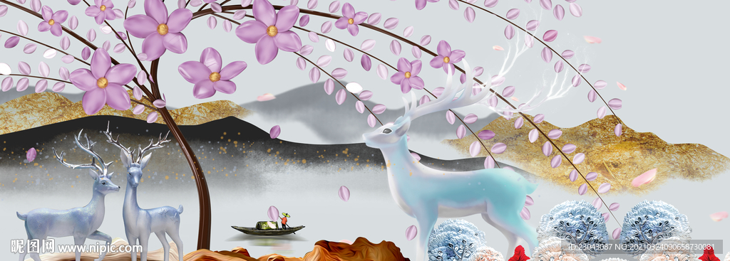 麋鹿发财树装饰画