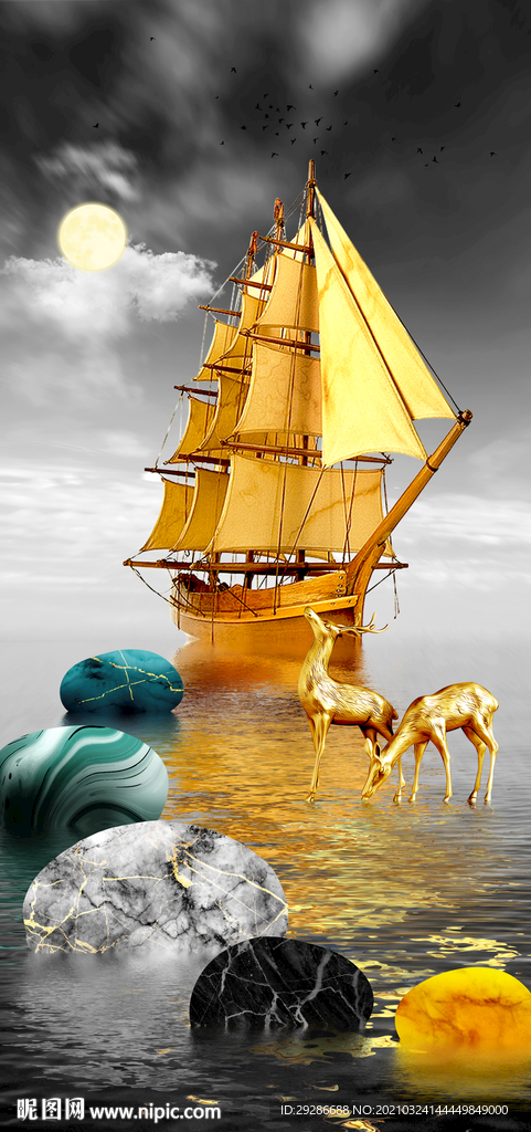 玄关画 一帆顺风金石为开