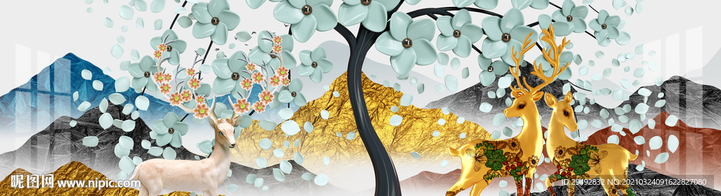 麋鹿发财树装饰画