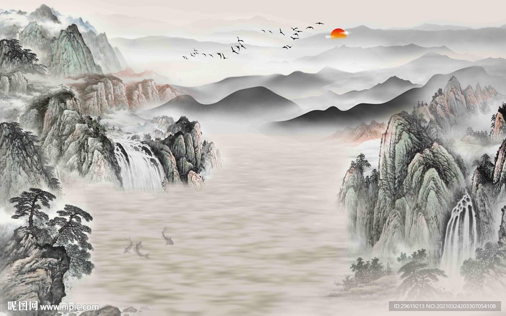 新中式意境山水背景墙图片