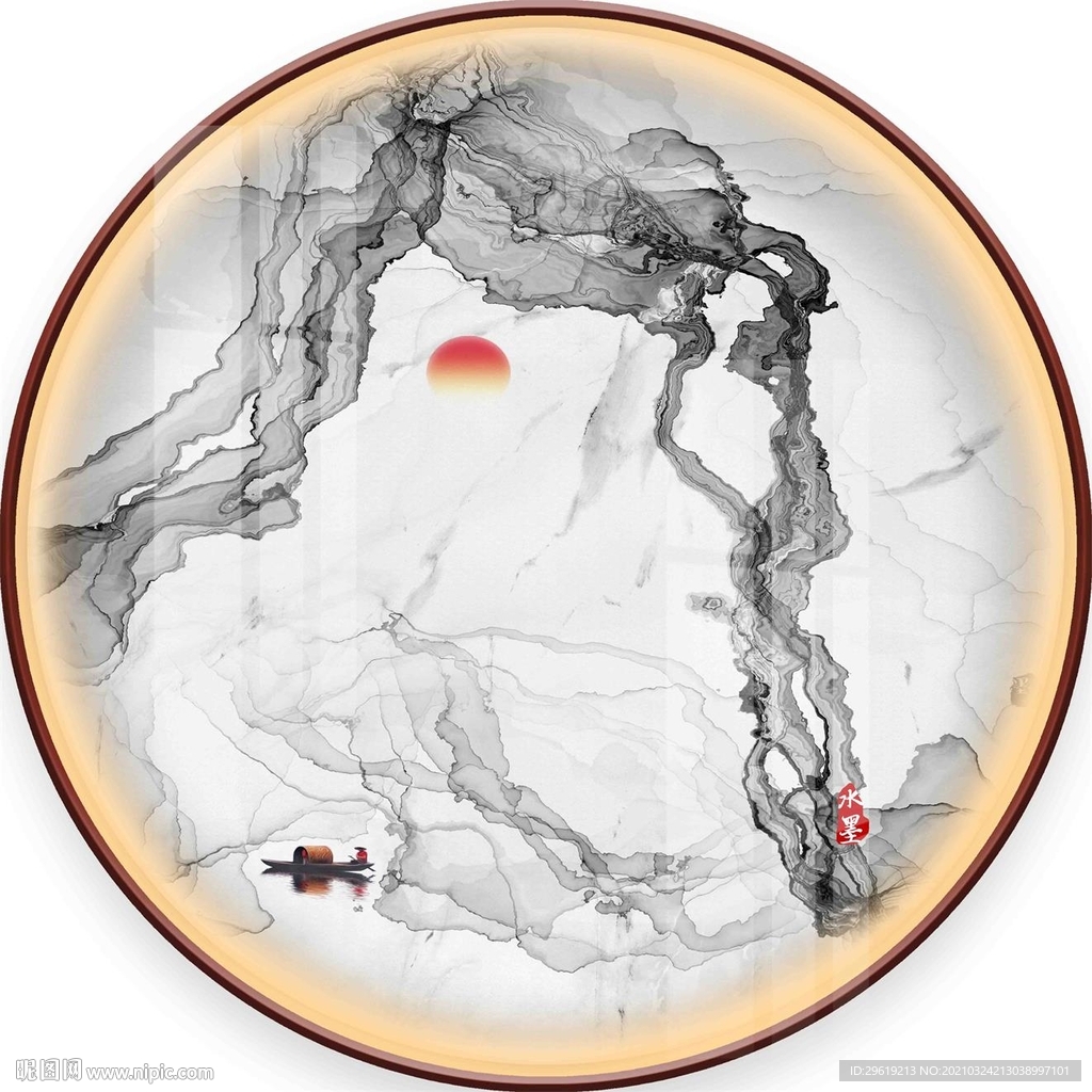 新中式水墨山水圆形装饰画图片