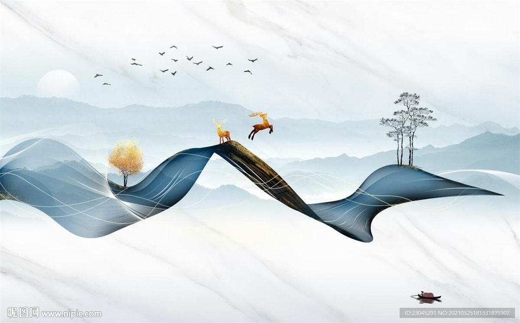 抽象山水金鹿轻奢新中电视背景墙