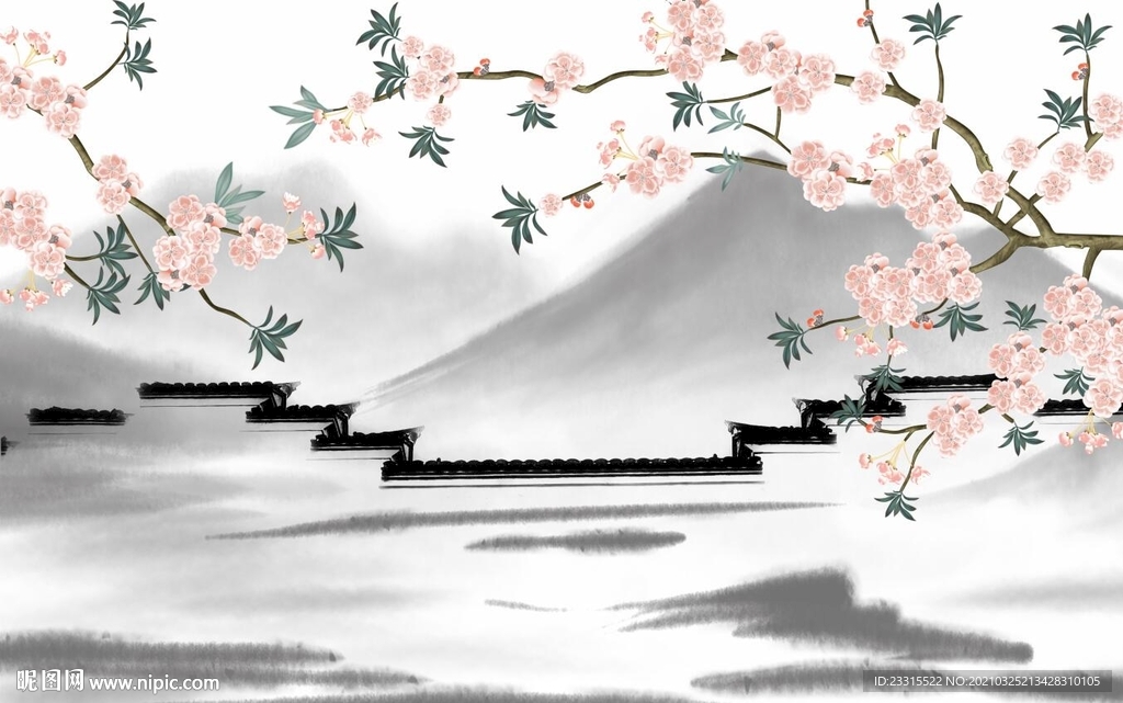 烟雨江南鸟语花香新中式背景墙