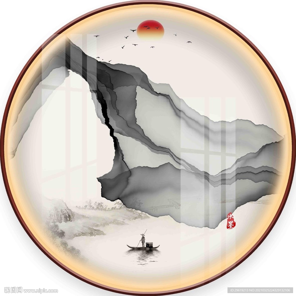 新中式水墨山水圆形装饰画图片