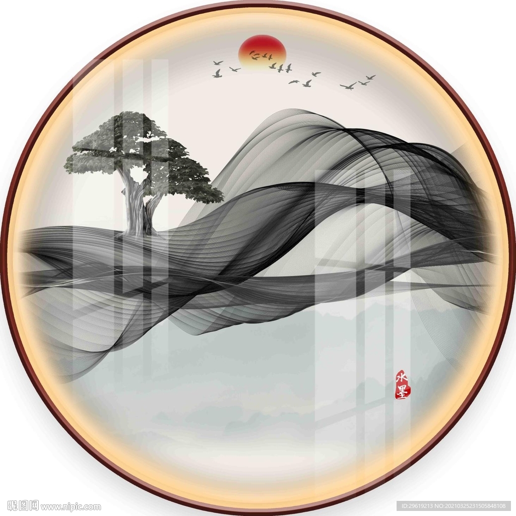 新中式水墨山水圆形装饰画图片