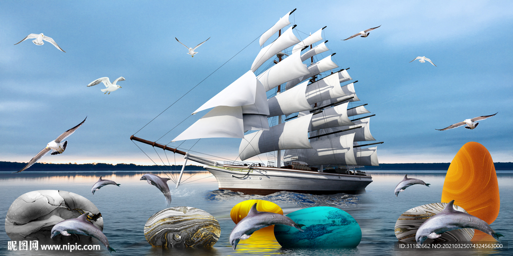 一帆风顺大海蓝色晶瓷画