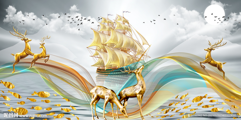 线条一帆风顺发财鹿晶瓷画