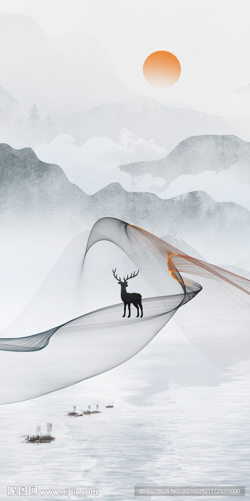 麋鹿 山水玄关新画 文件分层画