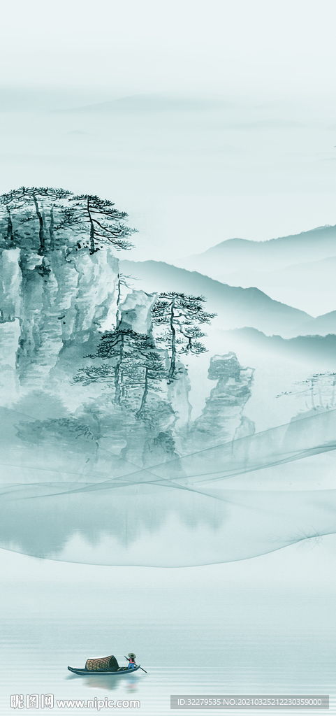 蓝色山水玄关新画 文件分层画