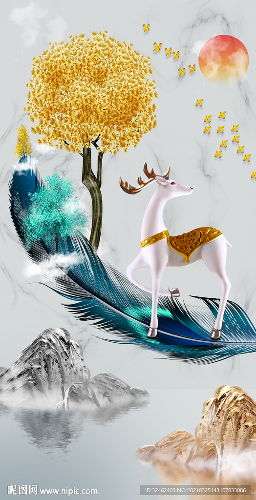 发财树发财鹿山水画玄关