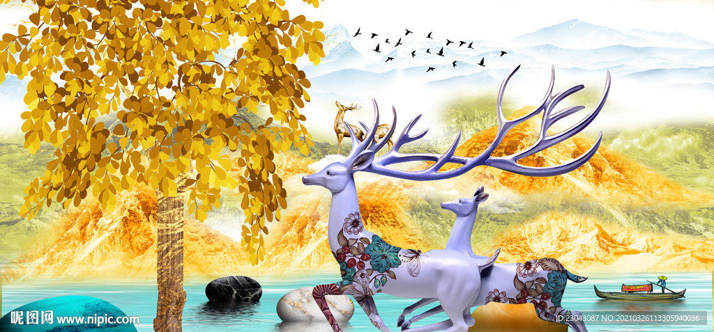 中式麋鹿装饰画