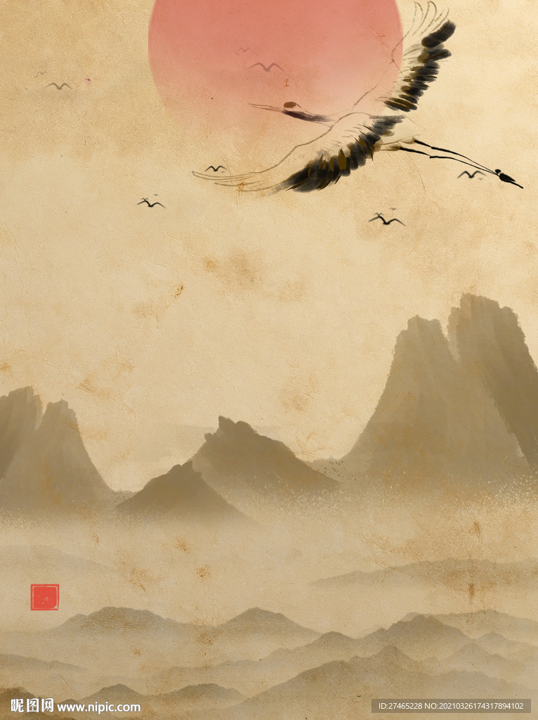 淡雅水墨飞鹤古风海报背景