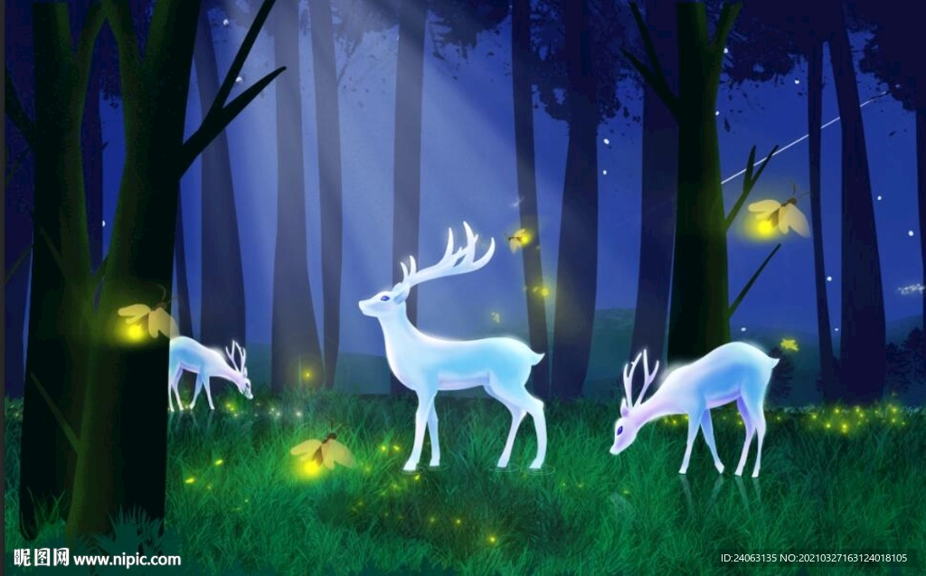 唯美梦幻森林与鹿儿童房间壁画