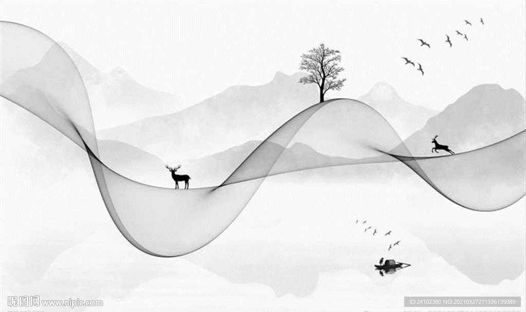 新中式简约水墨山水麋鹿抽象背景