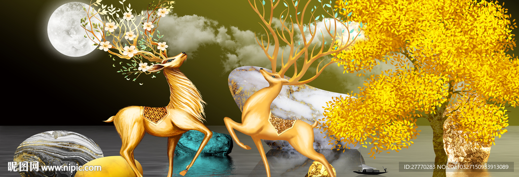 麋鹿发财树装饰画